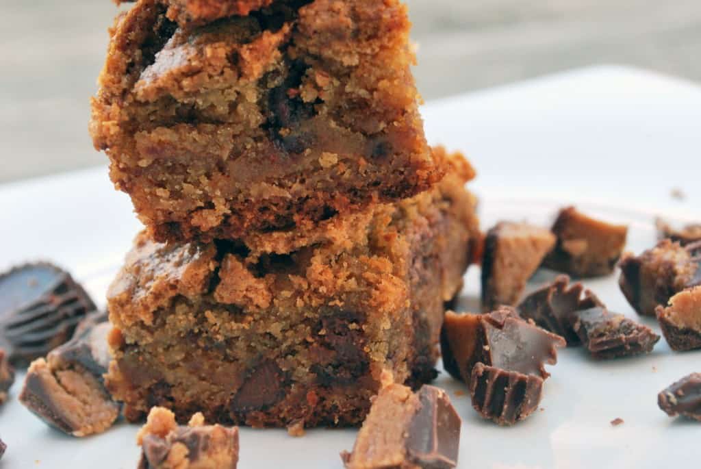 PeanutButterCupCookieBarsStackCU Peanut Butter Cup Cookie Bars