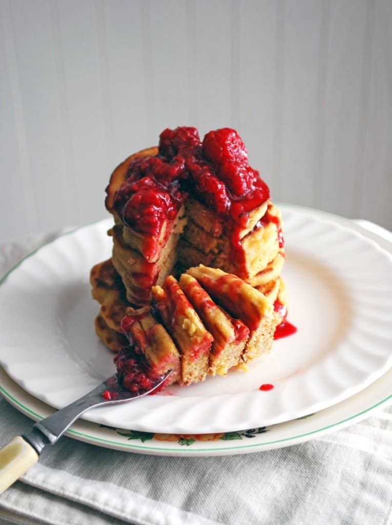 Cornmeal Molasses Pancakes with Raspberry Syrup