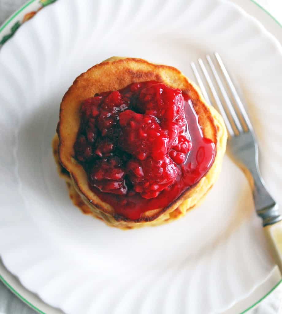 Cornmeal Molasses Pancakes with Raspberry Syrup