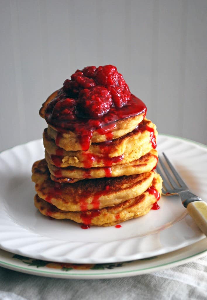 Cornmeal Molasses Pancakes with Raspberry Syrup